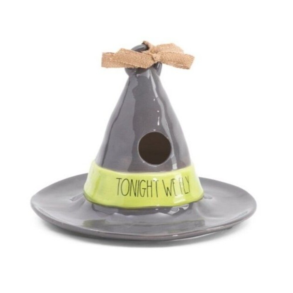 Rae Dunn Halloween Witch's Hat Birdhouse "Tonight We Fly" 10x8 Grey Ceramic